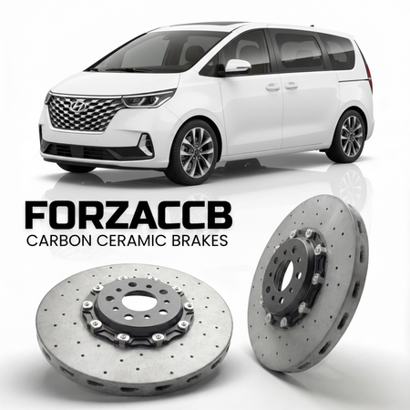 ForzaCCB direct OEM replacement carbon ceramic brake rotors for 2021 to 2026 Hyundai Staria models, shown with a white Hyundai Staria car.