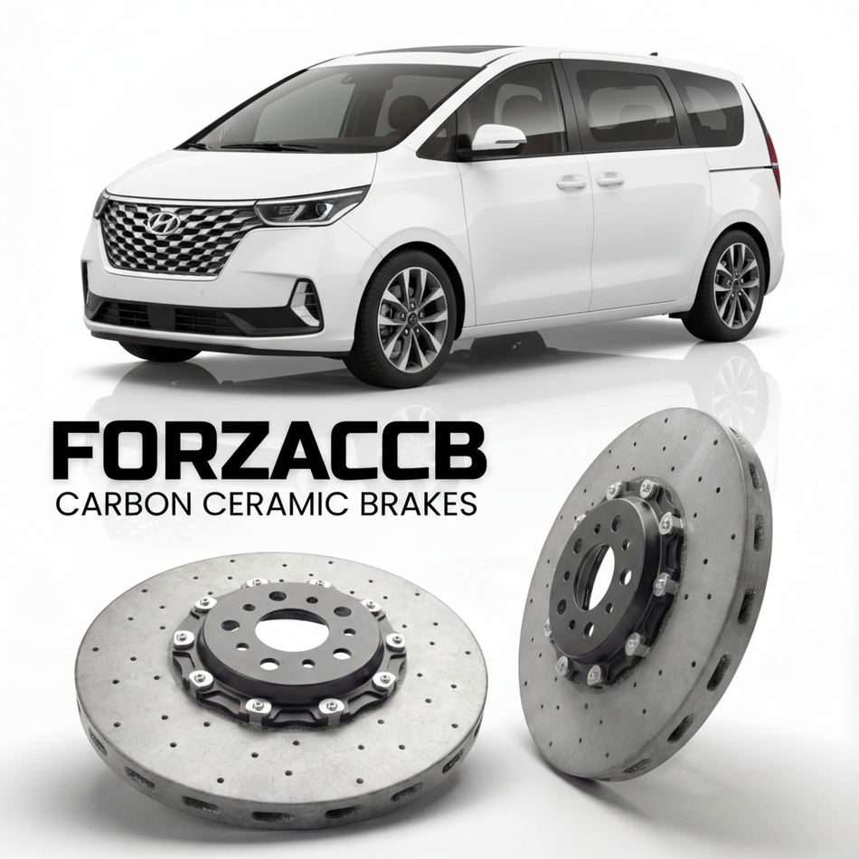 ForzaCCB direct OEM replacement carbon ceramic brake rotors for 2021 to 2026 Hyundai Staria models, shown with a white Hyundai Staria car.