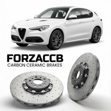 ForzaCCB direct OEM replacement carbon ceramic brake rotors for 2017 to 2022 Alfa Romeo Stelvio 949 models, shown with a white Alfa Romeo Stelvio car.