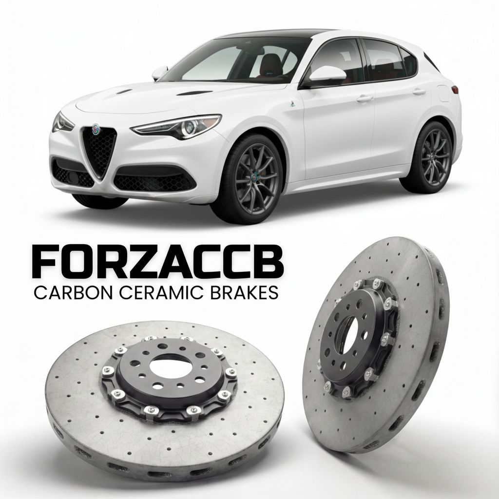 ForzaCCB direct OEM replacement carbon ceramic brake rotors for 2017 to 2022 Alfa Romeo Stelvio 949 models, shown with a white Alfa Romeo Stelvio car.