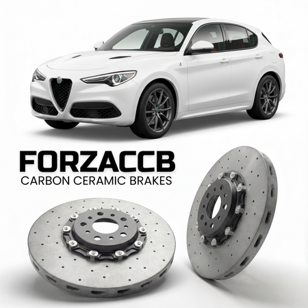 ForzaCCB direct OEM replacement carbon ceramic brake rotors for 2017 to 2022 Alfa Romeo Stelvio 949 models, shown with a white Alfa Romeo Stelvio car.