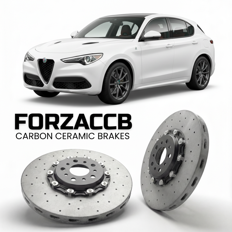 ForzaCCB direct OEM replacement carbon ceramic brake rotors for 2017 to 2022 Alfa Romeo Stelvio 949 models, shown with a white Alfa Romeo Stelvio car.