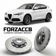 ForzaCCB direct OEM replacement carbon ceramic brake rotors for 2022 and newer Alfa Romeo Stelvio 949, facelift 2022 models, shown with a white Alfa Romeo Stelvio car.