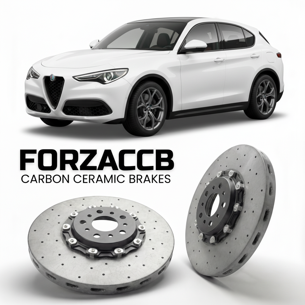 ForzaCCB direct OEM replacement carbon ceramic brake rotors for 2022 and newer Alfa Romeo Stelvio 949, facelift 2022 models, shown with a white Alfa Romeo Stelvio car.