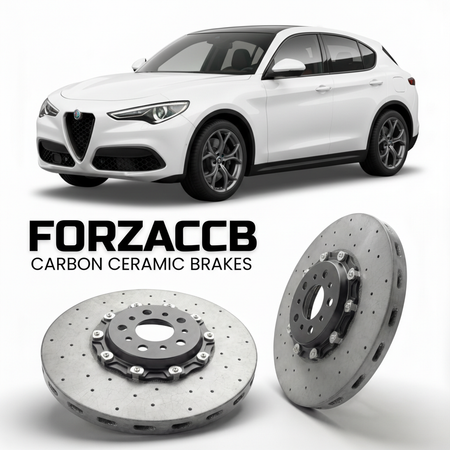 ForzaCCB direct OEM replacement carbon ceramic brake rotors for 2022 and newer Alfa Romeo Stelvio 949, facelift 2022 models, shown with a white Alfa Romeo Stelvio car.