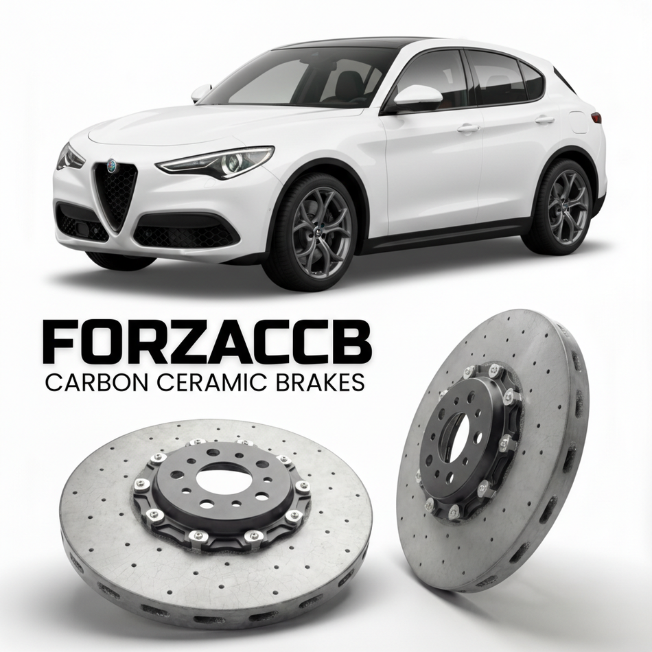 ForzaCCB direct OEM replacement carbon ceramic brake rotors for 2022 and newer Alfa Romeo Stelvio 949, facelift 2022 models, shown with a white Alfa Romeo Stelvio car.