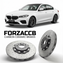 ForzaCCB direct OEM replacement carbon ceramic brake rotors for 2023 and newer Exeed Sterra ES models, shown with a white Exeed Sterra ES car.
