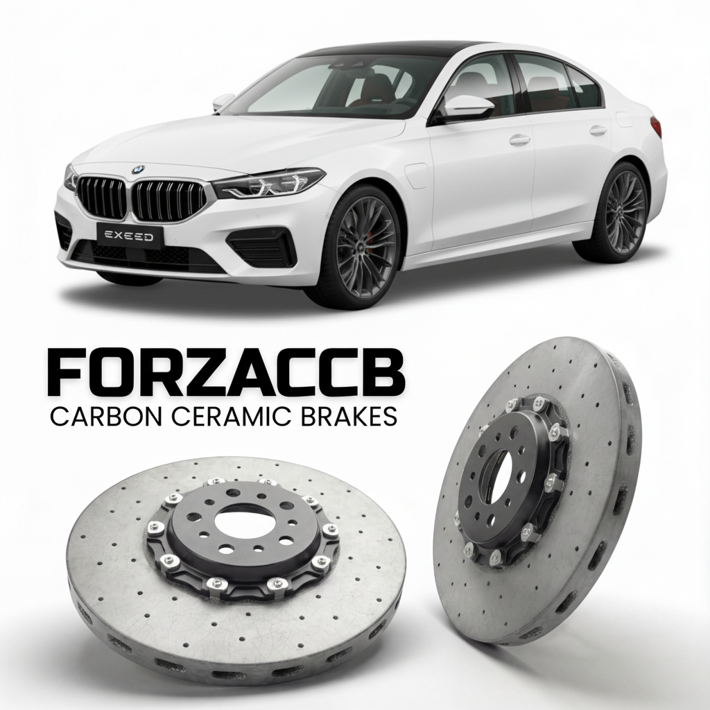 ForzaCCB direct OEM replacement carbon ceramic brake rotors for 2023 and newer Exeed Sterra ES models, shown with a white Exeed Sterra ES car.