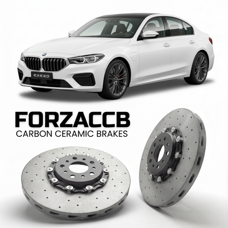 ForzaCCB direct OEM replacement carbon ceramic brake rotors for 2023 and newer Exeed Sterra ES models, shown with a white Exeed Sterra ES car.