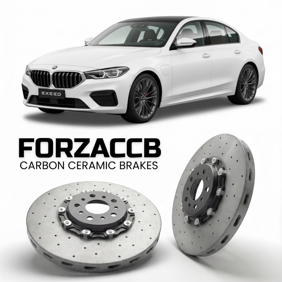 ForzaCCB direct OEM replacement carbon ceramic brake rotors for 2023 and newer Exeed Sterra ES models, shown with a white Exeed Sterra ES car.