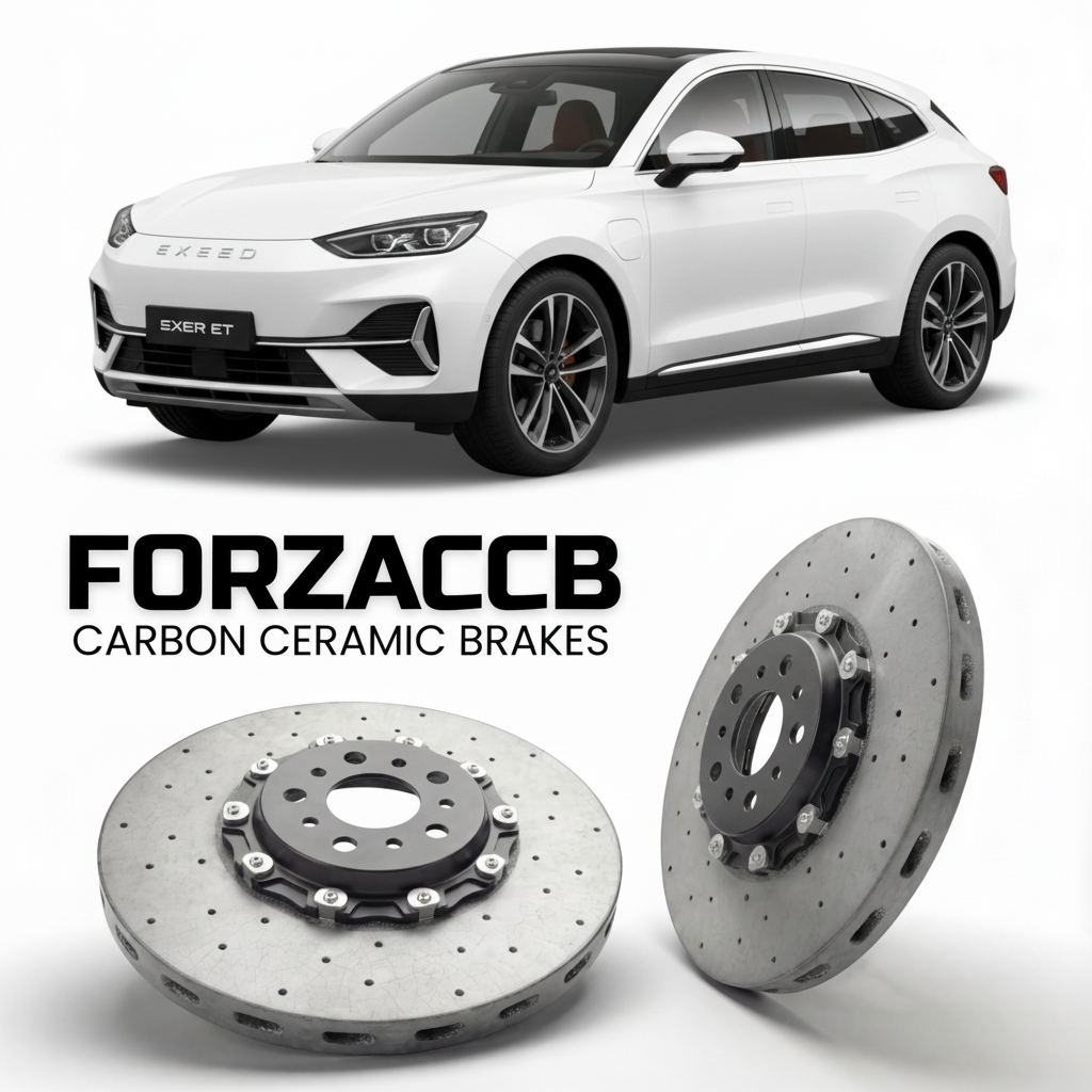 ForzaCCB direct OEM replacement carbon ceramic brake rotors for 2024 and newer Exeed Sterra ET models, shown with a white Exeed Sterra ET car.