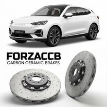 ForzaCCB direct OEM replacement carbon ceramic brake rotors for 2024 and newer Exeed Sterra ET models, shown with a white Exeed Sterra ET car.
