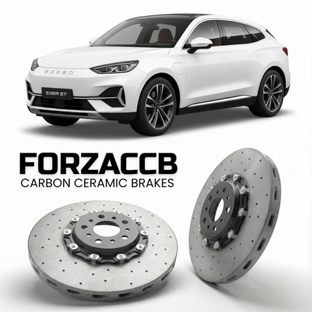 ForzaCCB direct OEM replacement carbon ceramic brake rotors for 2024 and newer Exeed Sterra ET models, shown with a white Exeed Sterra ET car.