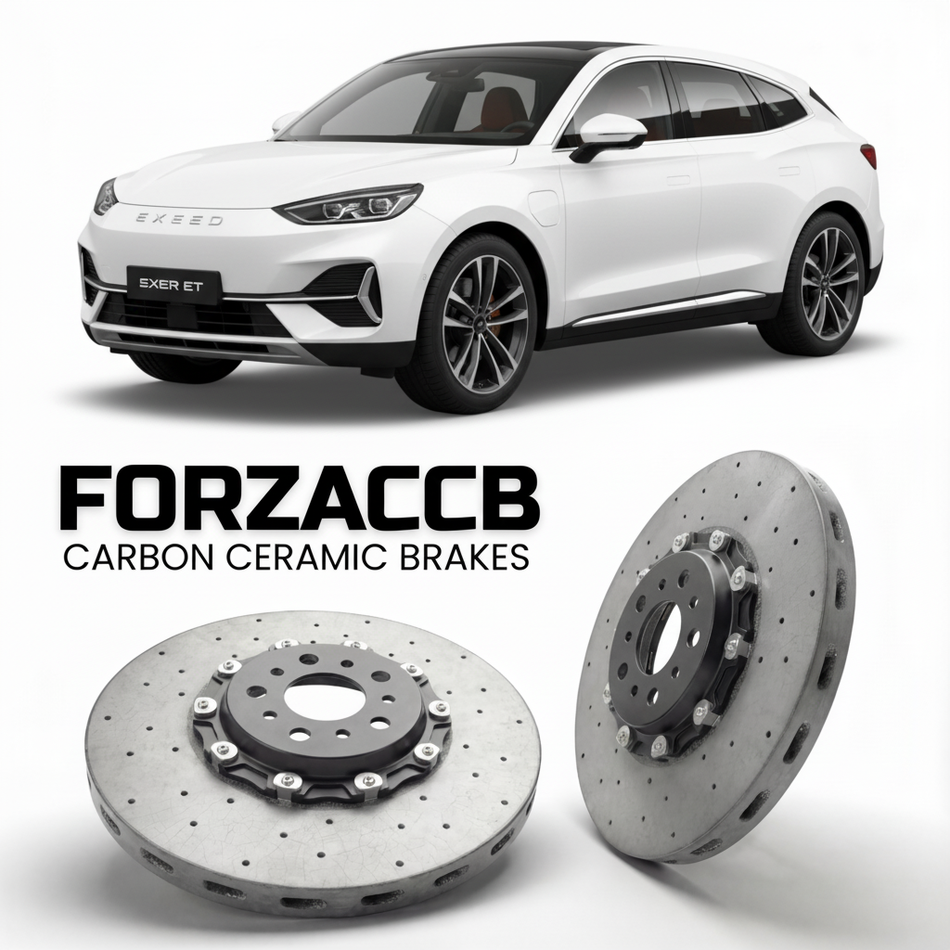 ForzaCCB direct OEM replacement carbon ceramic brake rotors for 2024 and newer Exeed Sterra ET models, shown with a white Exeed Sterra ET car.