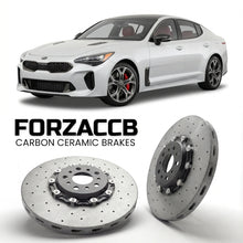 ForzaCCB direct OEM replacement carbon ceramic brake rotors for 2017 to 2020 Kia Stinger models, shown with a white Kia Stinger car.