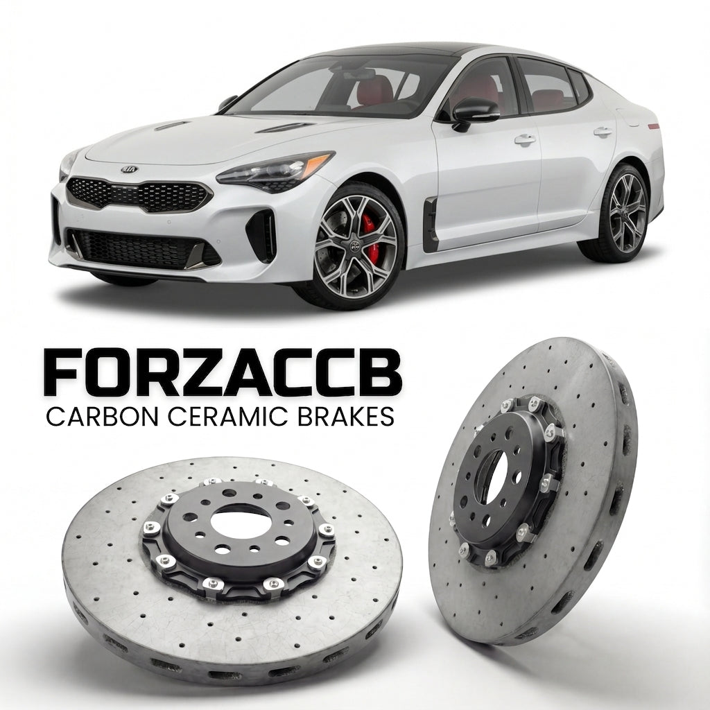 ForzaCCB direct OEM replacement carbon ceramic brake rotors for 2017 to 2020 Kia Stinger models, shown with a white Kia Stinger car.