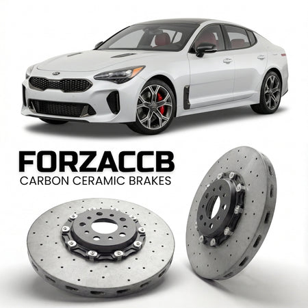ForzaCCB direct OEM replacement carbon ceramic brake rotors for 2017 to 2020 Kia Stinger models, shown with a white Kia Stinger car.