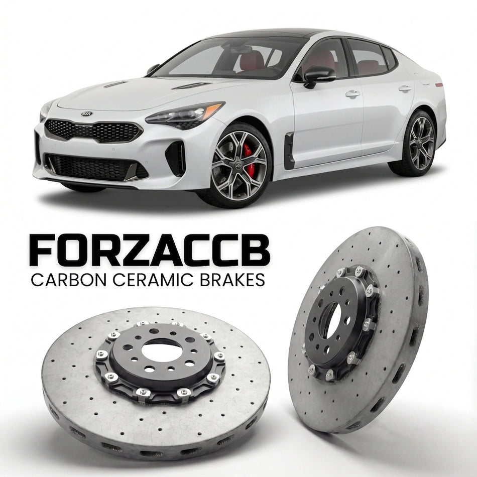ForzaCCB direct OEM replacement carbon ceramic brake rotors for 2017 to 2020 Kia Stinger models, shown with a white Kia Stinger car.