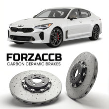 ForzaCCB direct OEM replacement carbon ceramic brake rotors for 2020 and newer Kia Stinger facelift 2020 models, shown with a white Kia Stinger car.