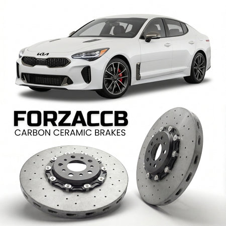 ForzaCCB direct OEM replacement carbon ceramic brake rotors for 2020 and newer Kia Stinger facelift 2020 models, shown with a white Kia Stinger car.