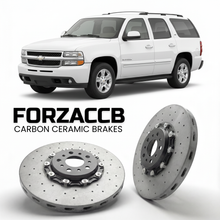 ForzaCCB direct OEM replacement carbon ceramic brake rotors for 2005 to 2006 Chevrolet Suburban GMT800 models, shown with a white Chevrolet Suburban car.