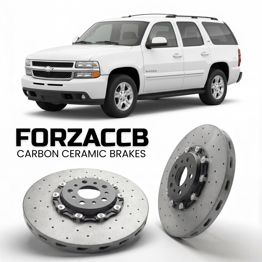 ForzaCCB direct OEM replacement carbon ceramic brake rotors for 2005 to 2006 Chevrolet Suburban GMT800 models, shown with a white Chevrolet Suburban car.