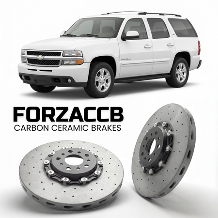 ForzaCCB direct OEM replacement carbon ceramic brake rotors for 2005 to 2006 Chevrolet Suburban GMT800 models, shown with a white Chevrolet Suburban car.