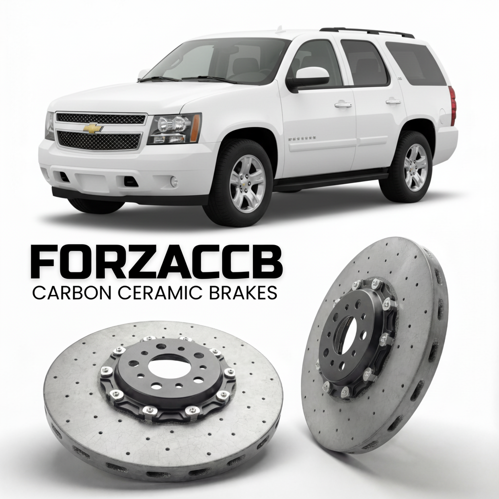 ForzaCCB direct OEM replacement carbon ceramic brake rotors for 2007 to 2013 Chevrolet Suburban GMT900 models, shown with a white Chevrolet Suburban car.