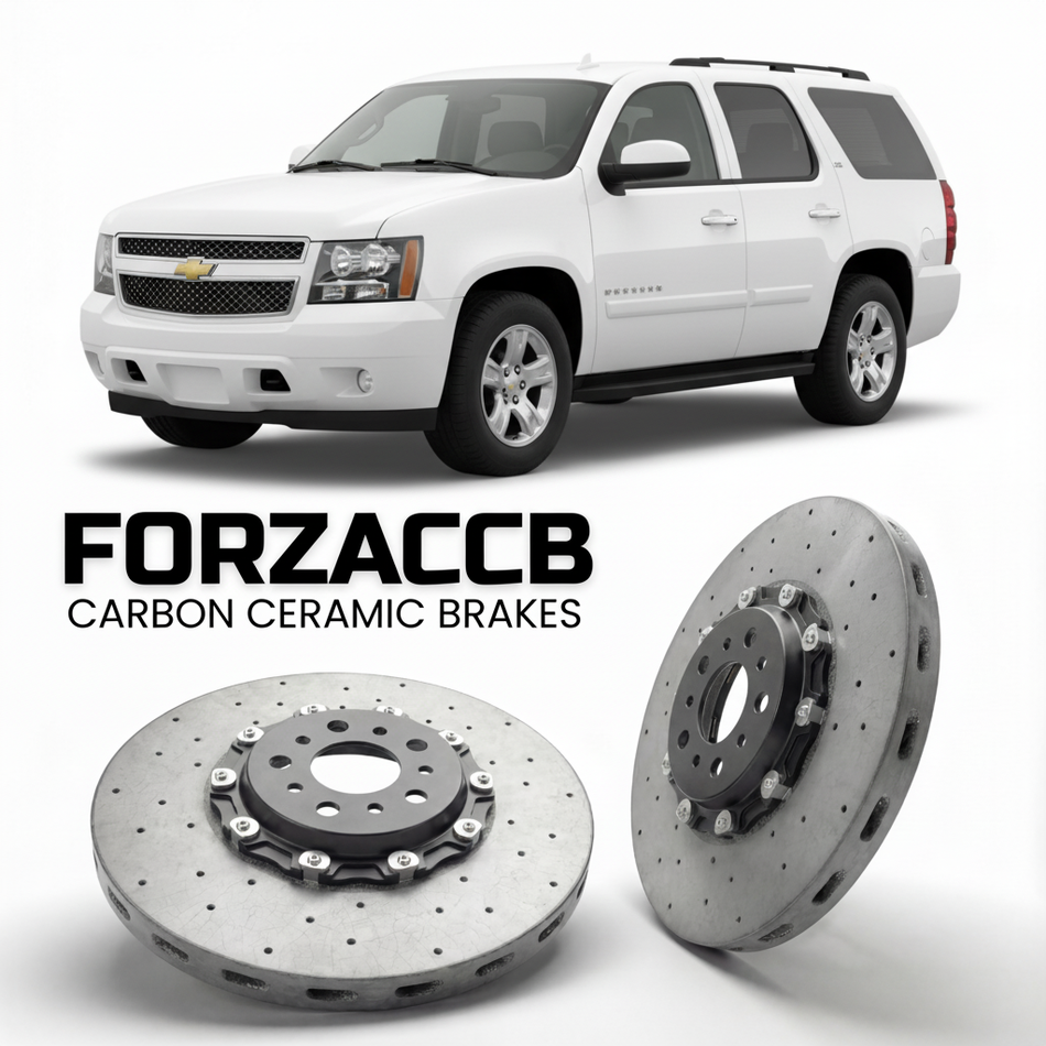 ForzaCCB direct OEM replacement carbon ceramic brake rotors for 2007 to 2013 Chevrolet Suburban GMT900 models, shown with a white Chevrolet Suburban car.