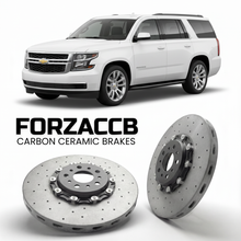 ForzaCCB direct OEM replacement carbon ceramic brake rotors for 2014 to 2020 Chevrolet Suburban GMTK2YC/G models, shown with a white Chevrolet Suburban car.