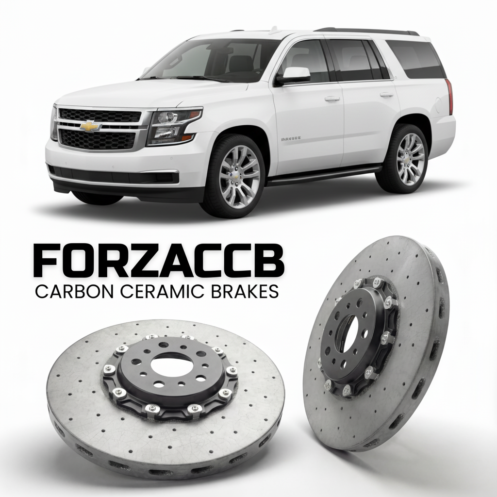 ForzaCCB direct OEM replacement carbon ceramic brake rotors for 2014 to 2020 Chevrolet Suburban GMTK2YC/G models, shown with a white Chevrolet Suburban car.