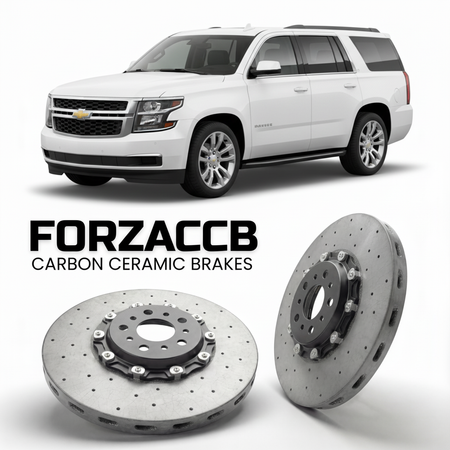 ForzaCCB direct OEM replacement carbon ceramic brake rotors for 2014 to 2020 Chevrolet Suburban GMTK2YC/G models, shown with a white Chevrolet Suburban car.