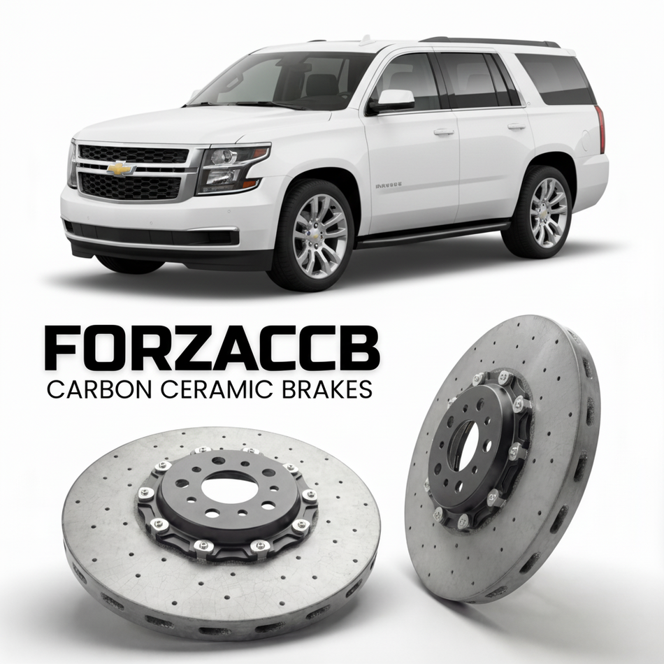ForzaCCB direct OEM replacement carbon ceramic brake rotors for 2014 to 2020 Chevrolet Suburban GMTK2YC/G models, shown with a white Chevrolet Suburban car.