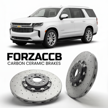ForzaCCB direct OEM replacement carbon ceramic brake rotors for 2020 and newer Chevrolet Suburban GMTT1XX models, shown with a white Chevrolet Suburban car.
