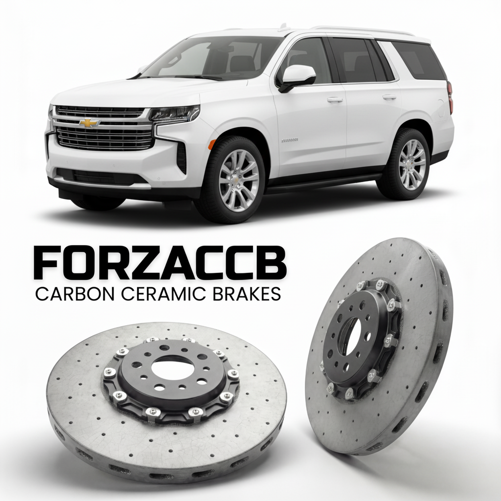 ForzaCCB direct OEM replacement carbon ceramic brake rotors for 2020 and newer Chevrolet Suburban GMTT1XX models, shown with a white Chevrolet Suburban car.