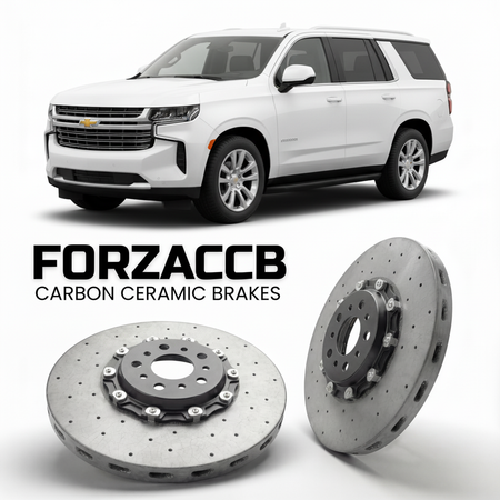 ForzaCCB direct OEM replacement carbon ceramic brake rotors for 2020 and newer Chevrolet Suburban GMTT1XX models, shown with a white Chevrolet Suburban car.