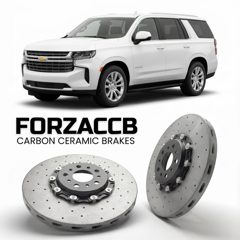 ForzaCCB direct OEM replacement carbon ceramic brake rotors for 2020 and newer Chevrolet Suburban GMTT1XX models, shown with a white Chevrolet Suburban car.
