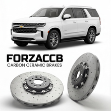 ForzaCCB direct OEM replacement carbon ceramic brake rotors for 2024 and newer Chevrolet Suburban GMTT1XX, facelift 2024 models, shown with a white Chevrolet Suburban car.