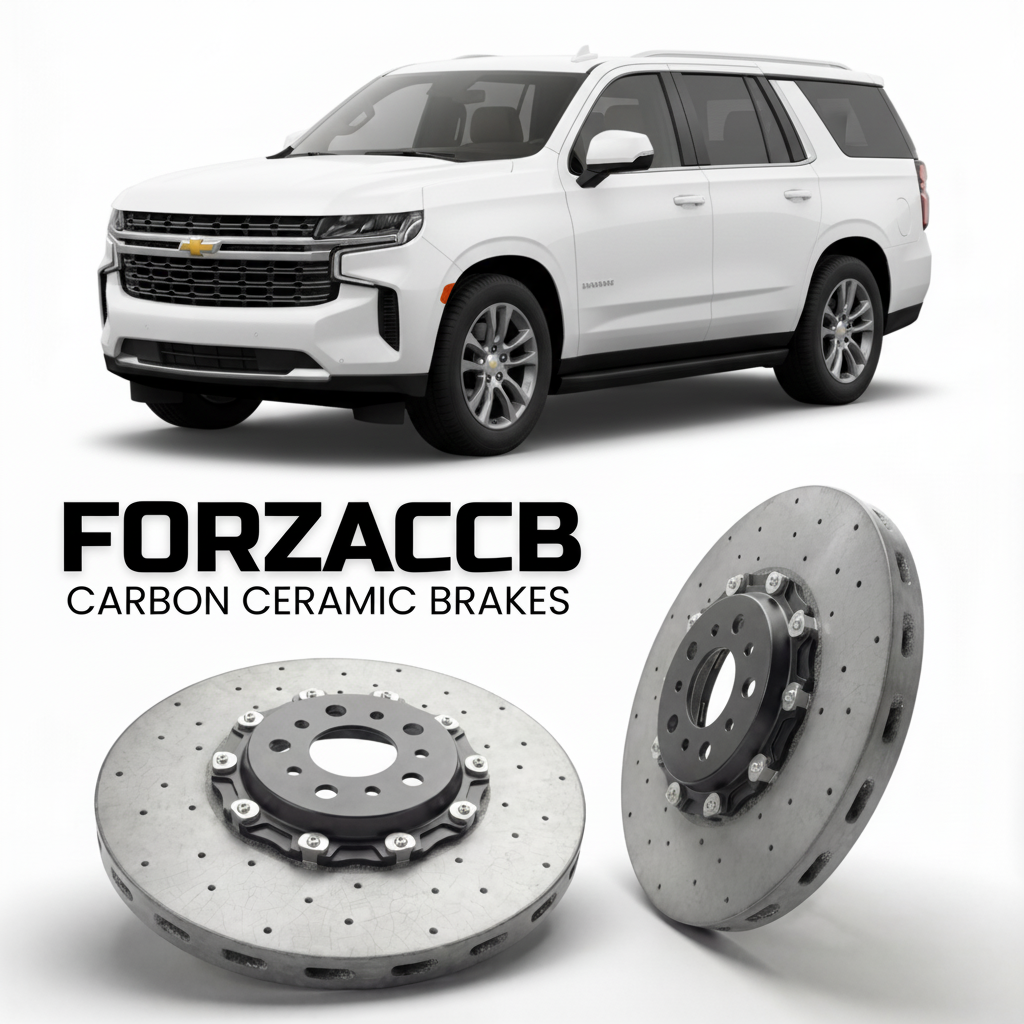 ForzaCCB direct OEM replacement carbon ceramic brake rotors for 2024 and newer Chevrolet Suburban GMTT1XX, facelift 2024 models, shown with a white Chevrolet Suburban car.