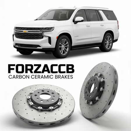 ForzaCCB direct OEM replacement carbon ceramic brake rotors for 2024 and newer Chevrolet Suburban GMTT1XX, facelift 2024 models, shown with a white Chevrolet Suburban car.