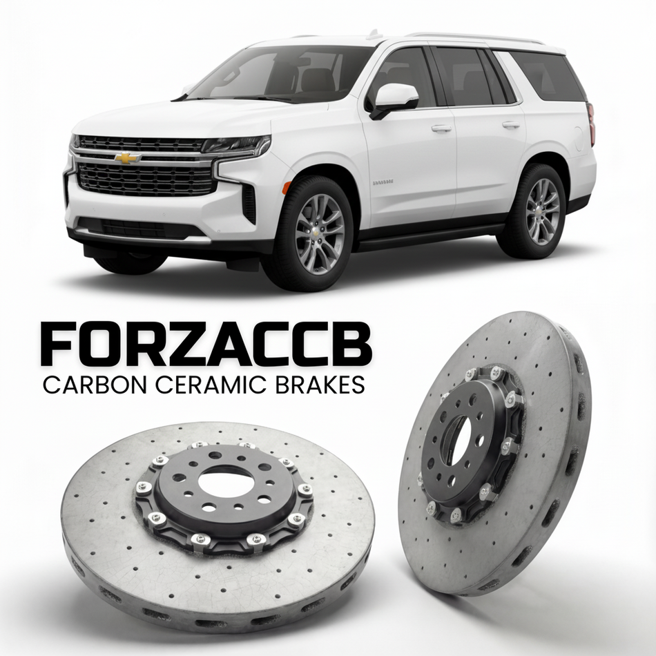 ForzaCCB direct OEM replacement carbon ceramic brake rotors for 2024 and newer Chevrolet Suburban GMTT1XX, facelift 2024 models, shown with a white Chevrolet Suburban car.