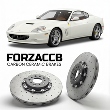 ForzaCCB direct OEM replacement carbon ceramic brake rotors for 2005 Ferrari Superamerica models, shown with a white Ferrari Superamerica car.
