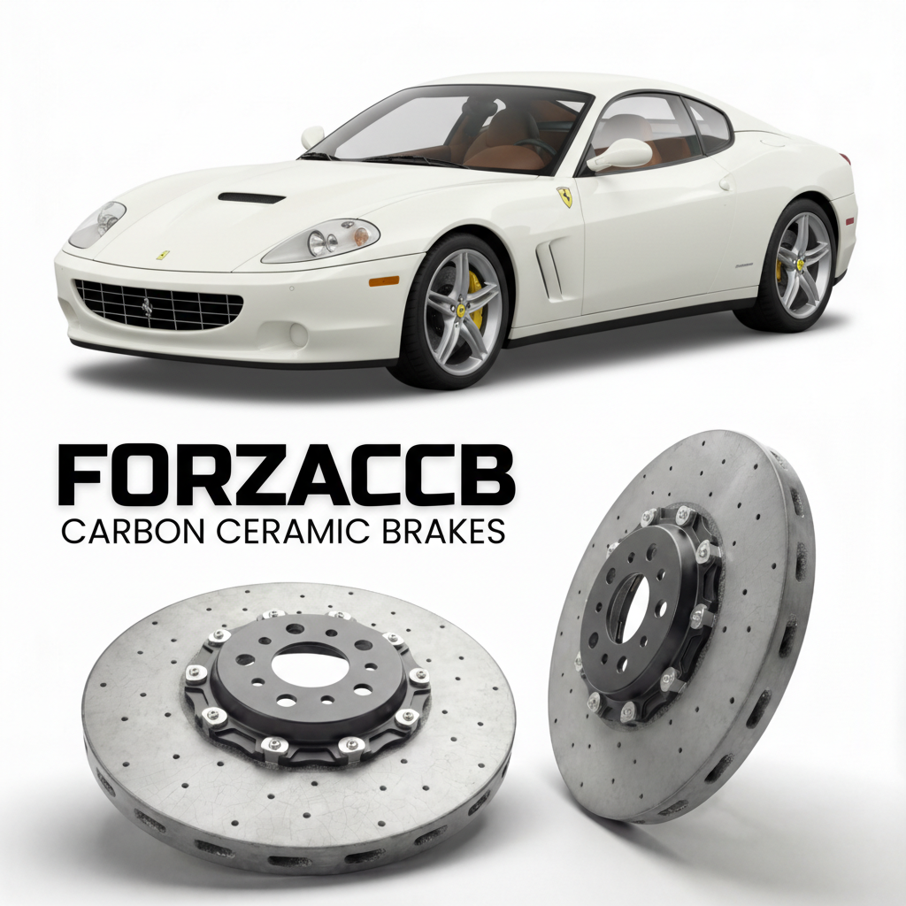 ForzaCCB direct OEM replacement carbon ceramic brake rotors for 2005 Ferrari Superamerica models, shown with a white Ferrari Superamerica car.