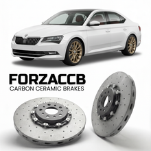 ForzaCCB direct OEM replacement carbon ceramic brake rotors for 2015 to 2023 Skoda Superb III 3V models, shown with a white Skoda Superb III car.