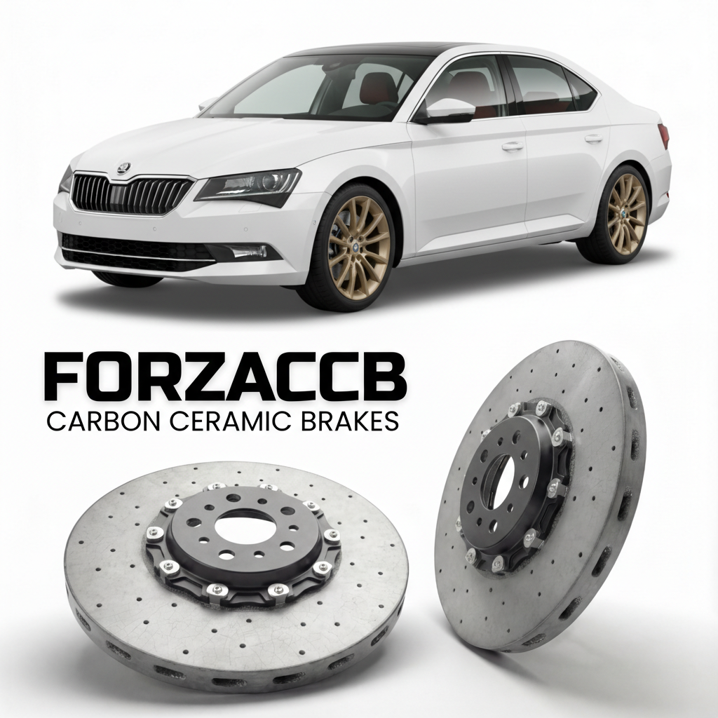 ForzaCCB direct OEM replacement carbon ceramic brake rotors for 2015 to 2023 Skoda Superb III 3V models, shown with a white Skoda Superb III car.