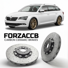 ForzaCCB direct OEM replacement carbon ceramic brake rotors for 2015 to 2023 Skoda Superb III Combi 3V models, shown with a white Skoda Superb III Combi car.