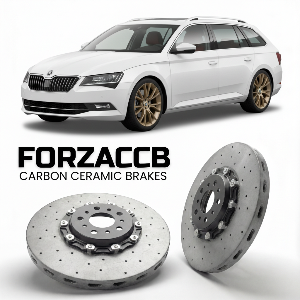 ForzaCCB direct OEM replacement carbon ceramic brake rotors for 2015 to 2023 Skoda Superb III Combi 3V models, shown with a white Skoda Superb III Combi car.