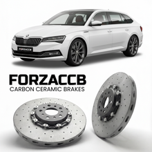 ForzaCCB direct OEM replacement carbon ceramic brake rotors for 2023 and newer Skoda Superb IV 3Y models, shown with a white Skoda Superb IV car.