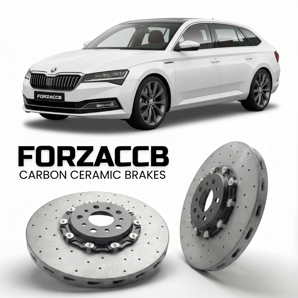 ForzaCCB direct OEM replacement carbon ceramic brake rotors for 2023 and newer Skoda Superb IV 3Y models, shown with a white Skoda Superb IV car.