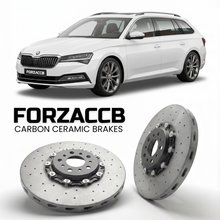 ForzaCCB direct OEM replacement carbon ceramic brake rotors for 2023 and newer Skoda Superb IV Combi 3Y models, shown with a white Skoda Superb IV Combi car.